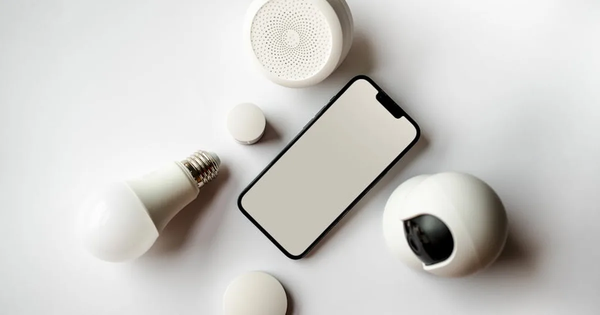 Flat lay of smartphone and smart home devices on a white backdrop, showcasing modern technology.