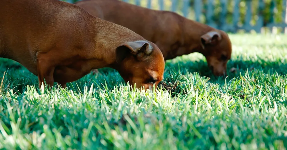 two short-coated tan puppies on grass field during dayitme